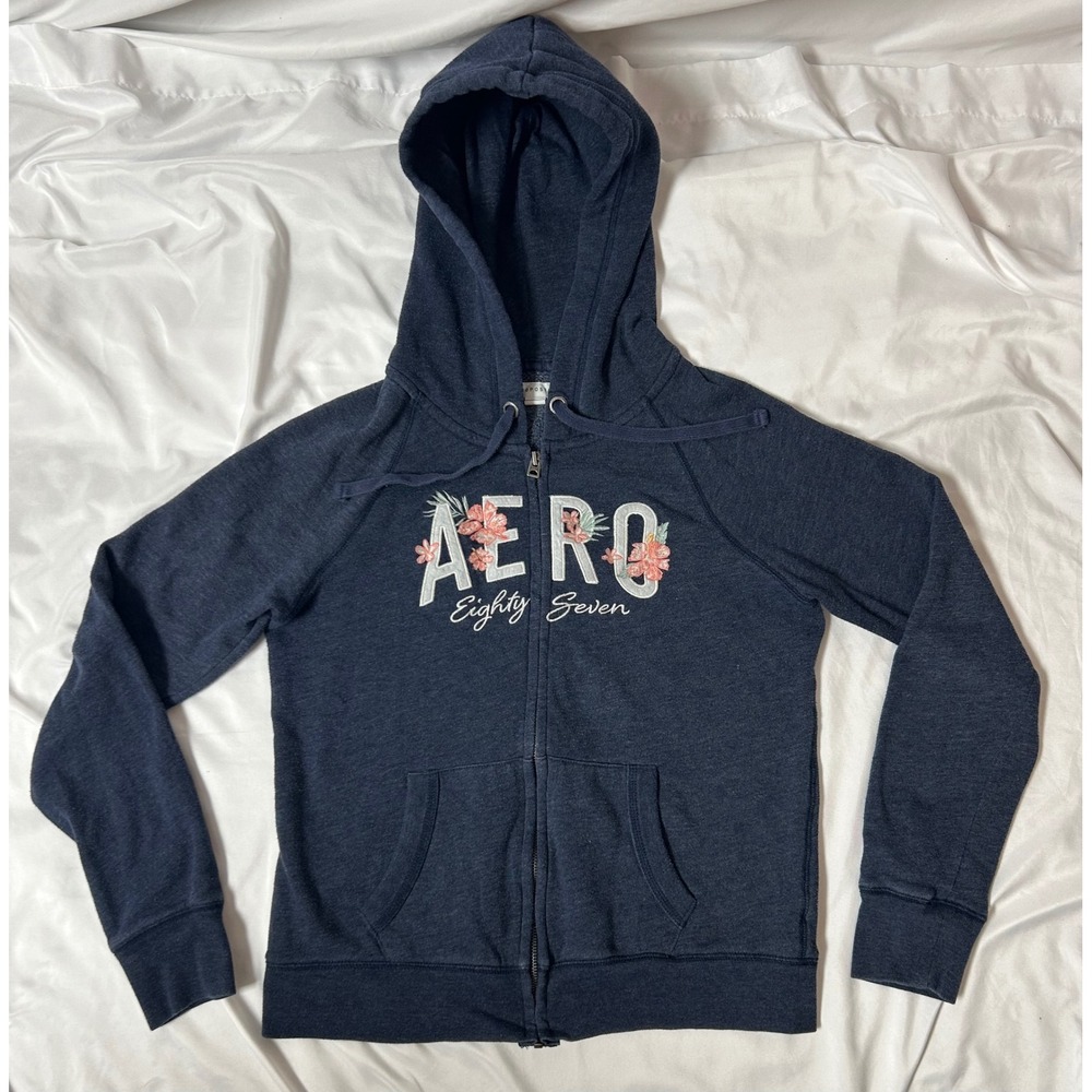 Aeropostale Womens Navy Blue Floral Embroidered Y2K Full Zip Hoodie Sweatshirt M